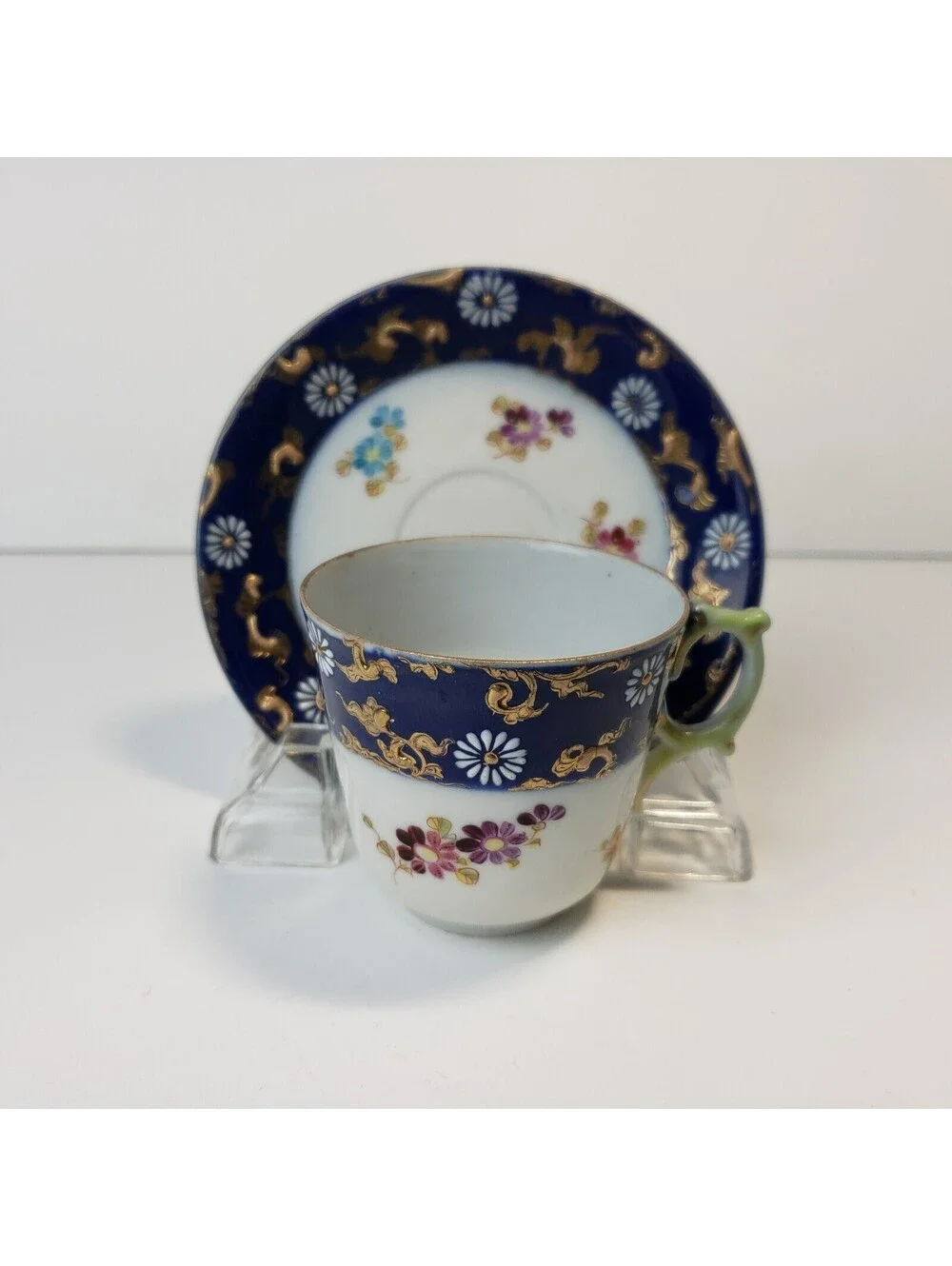 Vintage Porcelain Demitasse Teacup & Saucer  Moriage Cobalt Blue HP Floral Japan
